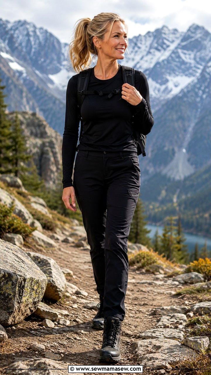 All Black Hiking Ensemble With Performance Fabric Pieces - 30 Hiking outfit ideas for women over 40