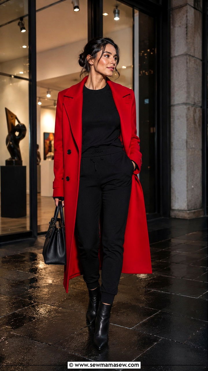 All Black Jogger Outfit with a Statement Coat - 30 joggers outfit ideas for women