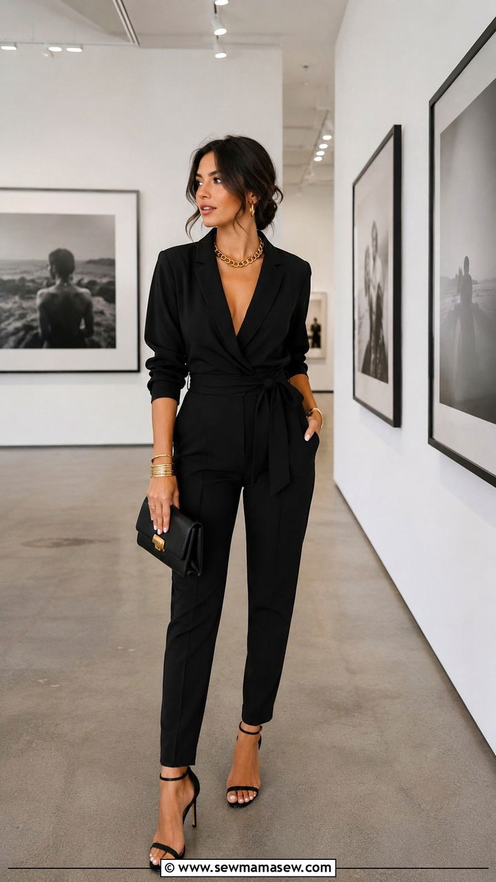 All Black Jumpsuit With Gold Accessories and Strappy Heels - 20 Photography exhibit outfit ideas