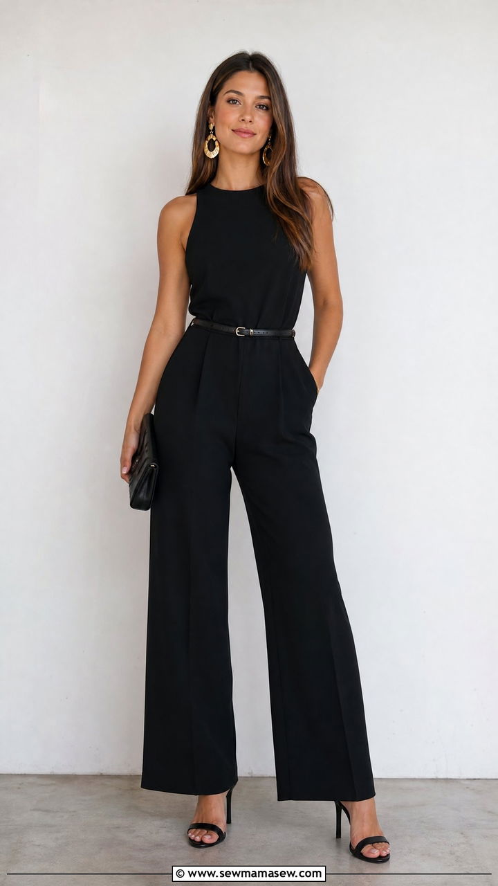 All Black Jumpsuit With Gold Statement Earrings - 30 Marketer outfit ideas