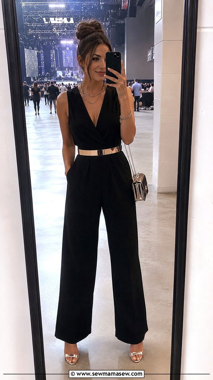 All Black Jumpsuit With Metallic Accessories and Heeled Sandals - 30 chic summer concert outfits for women