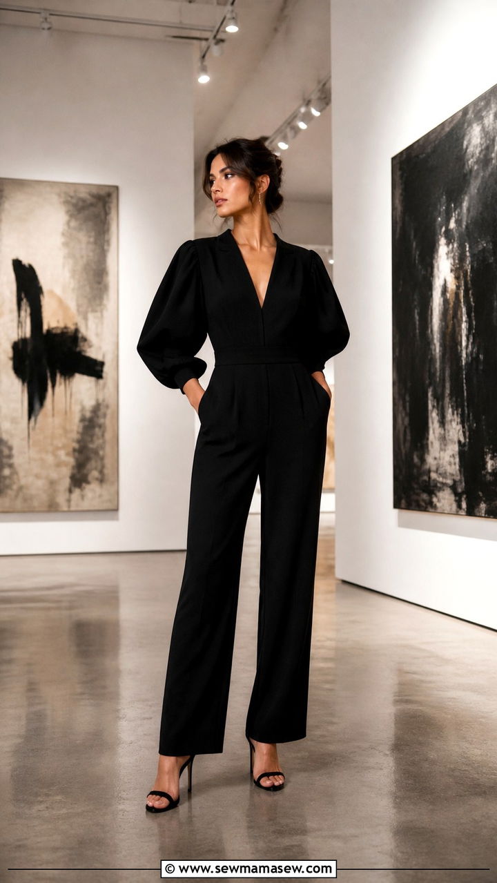 All Black Jumpsuit With Statement Sleeves And Heels - 40 Formal wedding guest outfits