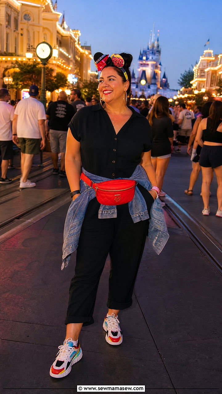 All Black Jumpsuit and Colorful Accessories Outfit - 40 Disneyland outfit ideas
