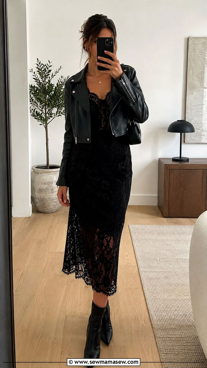 All Black Lace Dress With Cropped Leather Jacket And Ankle Boots - 30 casual edgy outfits