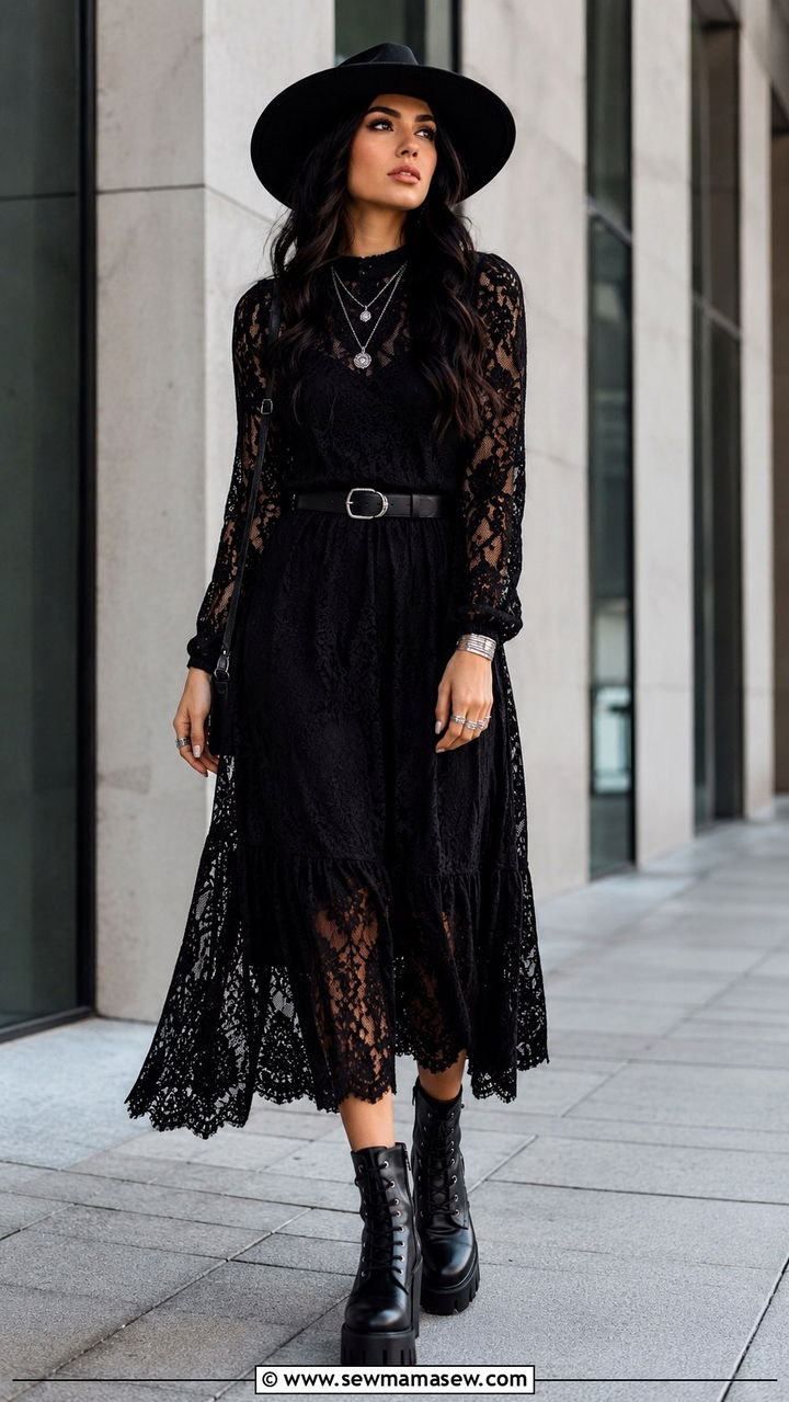 All Black Lace Dress with Chunky Boots - 30 Mysterious spring outfit ideas