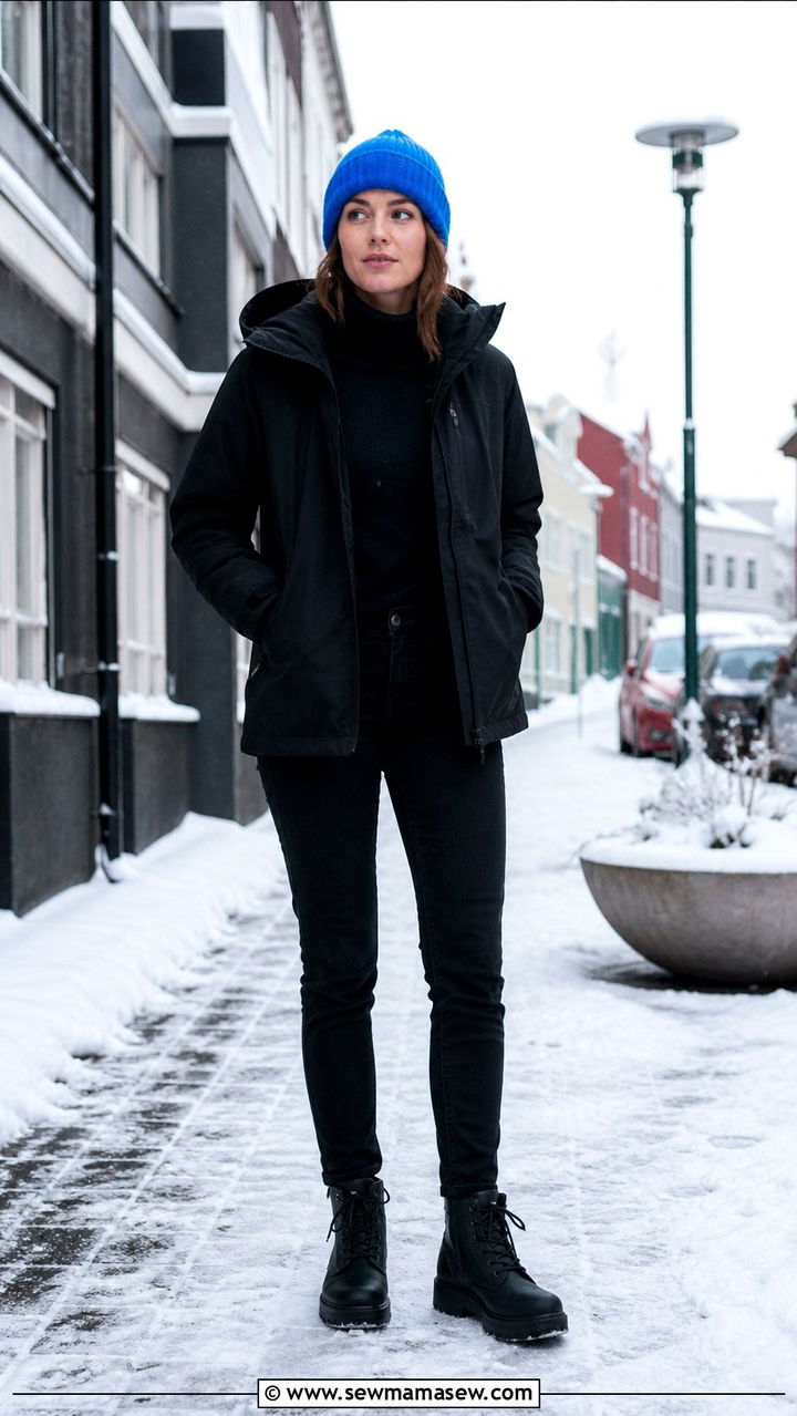 All Black Layered Outfit with Colorful Beanie - 40 What to wear in Iceland