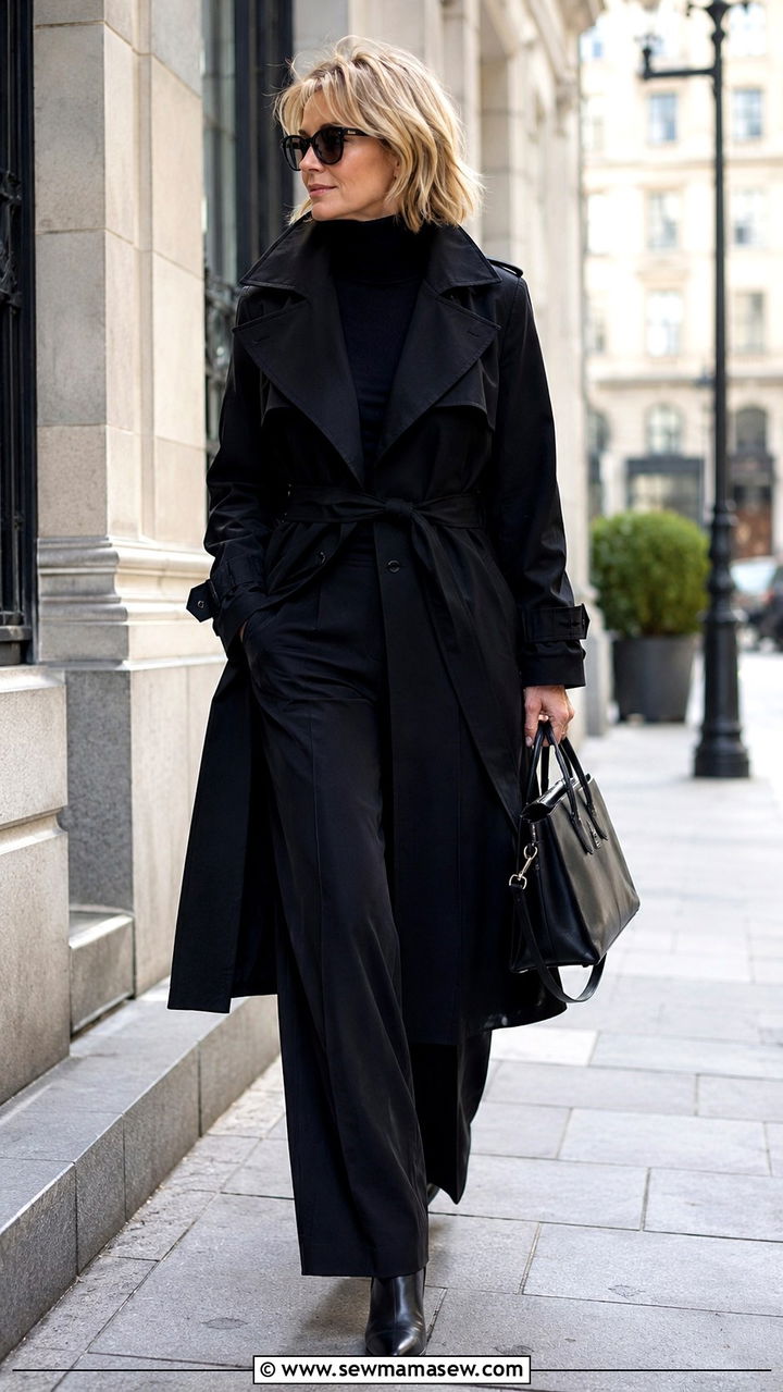 All Black Layered Outfit with Trench Coat - 30 scandinavian outfit ideas for women over 40