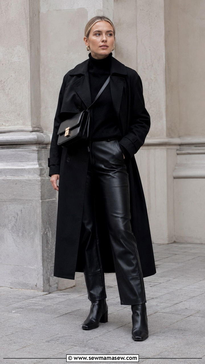 All Black Layered Trench Coat with Leather Trousers - 30 classy scandinavian outfit ideas