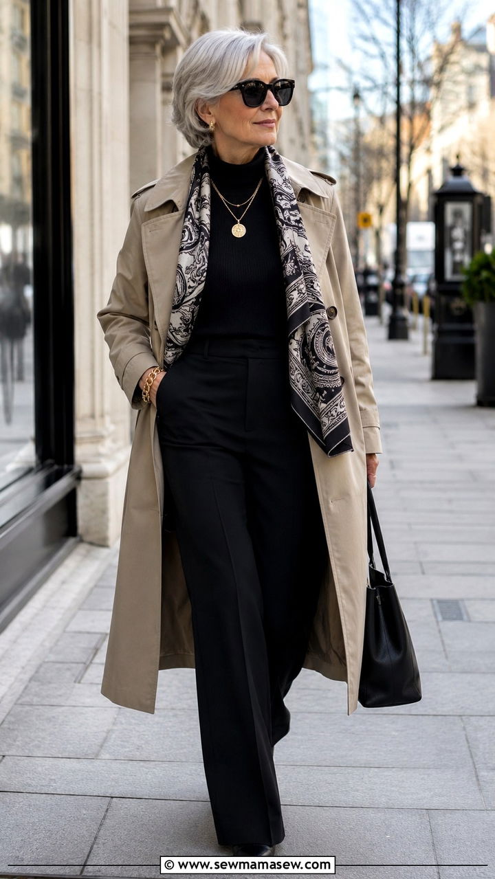 All Black Layers with a Stone Trench Coat - 25 Work outfits for women over 60