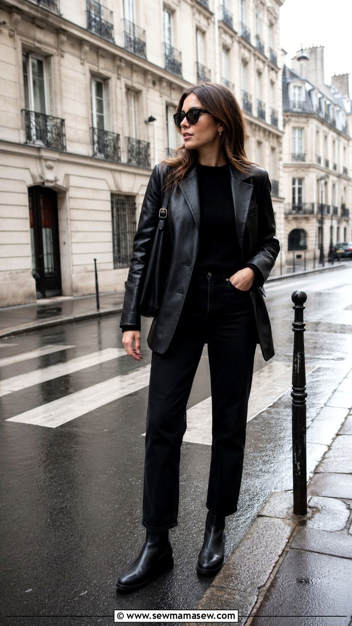 All Black Leather Blazer with Straight Leg Jeans and Sunglasses - 30 Parisian street style outfit ideas