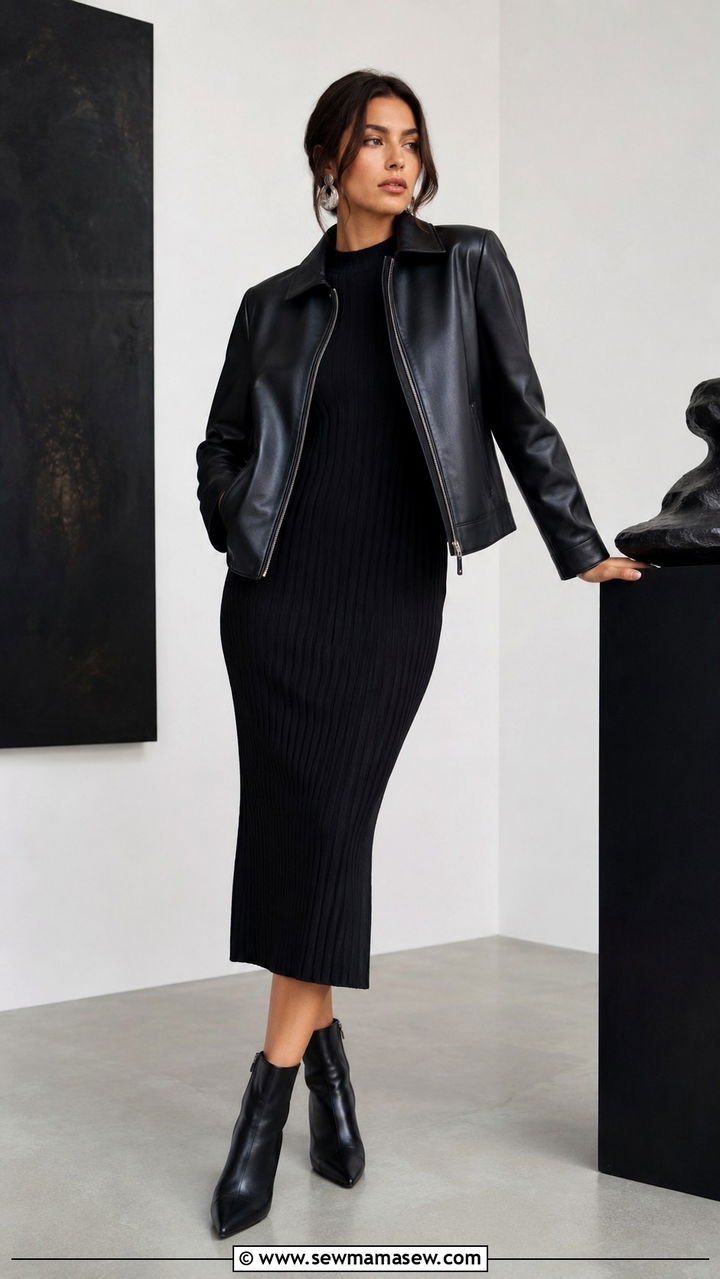 All Black Leather Jacket And Dress Combo - 30 Leather jacket outfit ideas with a dress