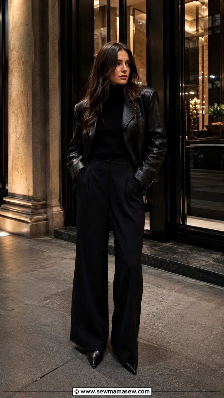 All Black Leather Jacket With Wide Leg Trousers - 20 Quiet luxury outfit ideas Celine Old style