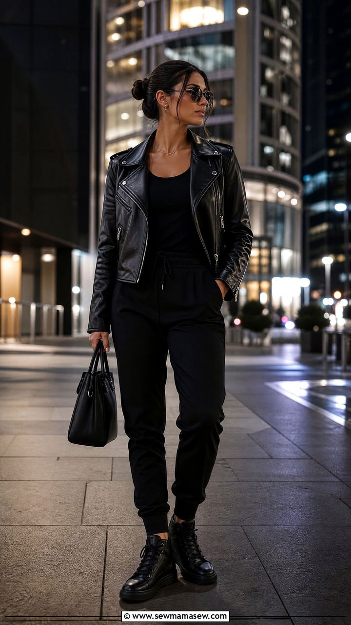 All Black Leather Jacket with Tailored Joggers - 30 streetwear outfits for women