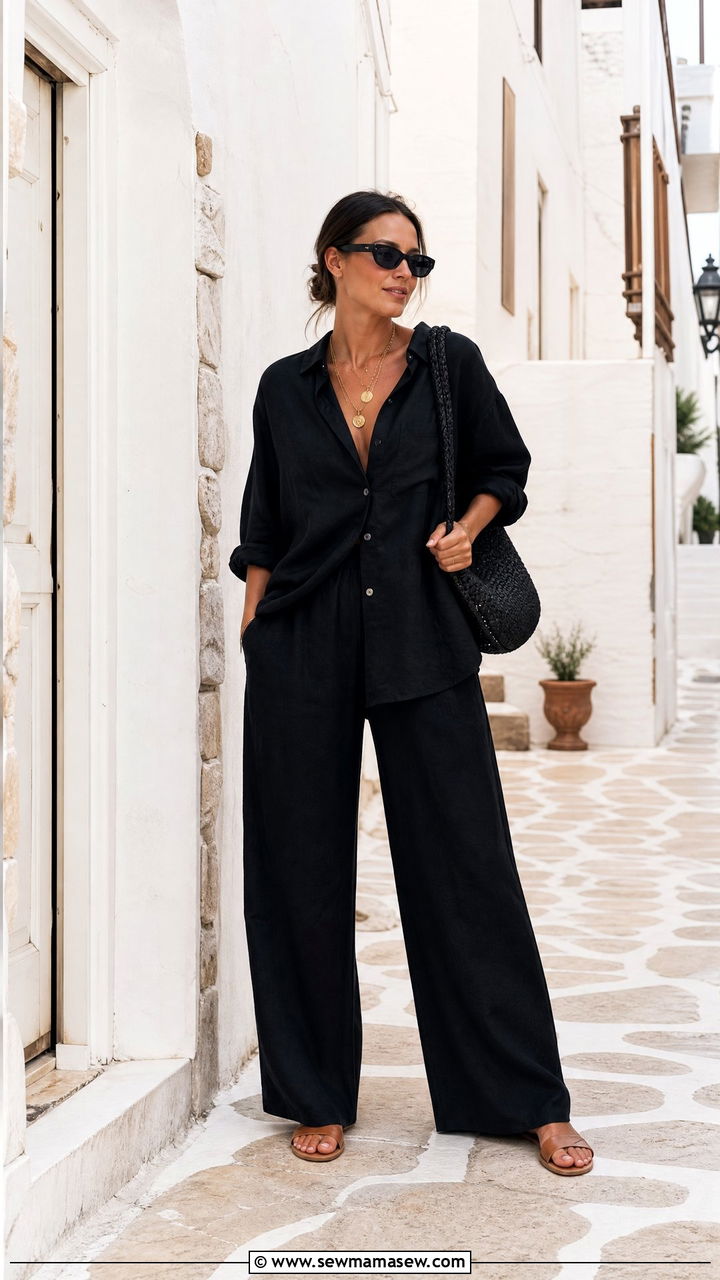 All Black Linen Set With Leather Sandals and Gold Jewelry - 25 2026 outfits casual