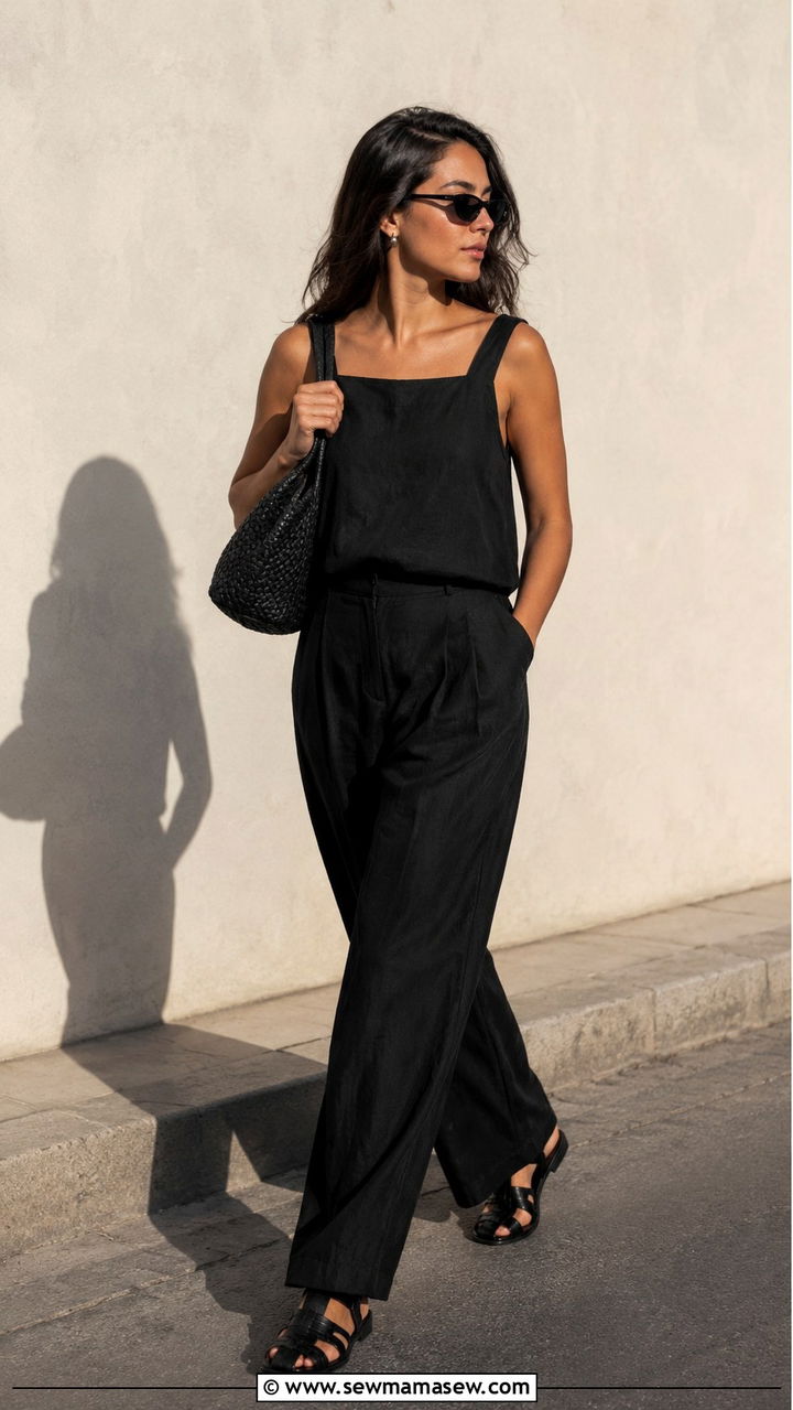 All Black Linen Wide Leg Pants and Tank - 30 Minimalist outfit ideas summer 2026