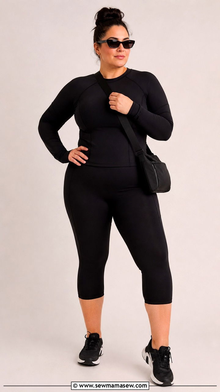 All Black Long Sleeve Top with Capri Leggings - 30 Gym outfit ideas plus size