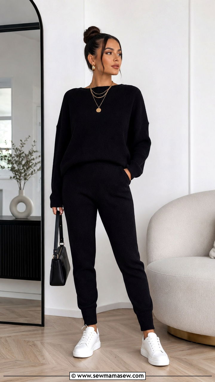 All Black Matching Knit Set With Gold Jewelry - 30 casual clean girl outfits