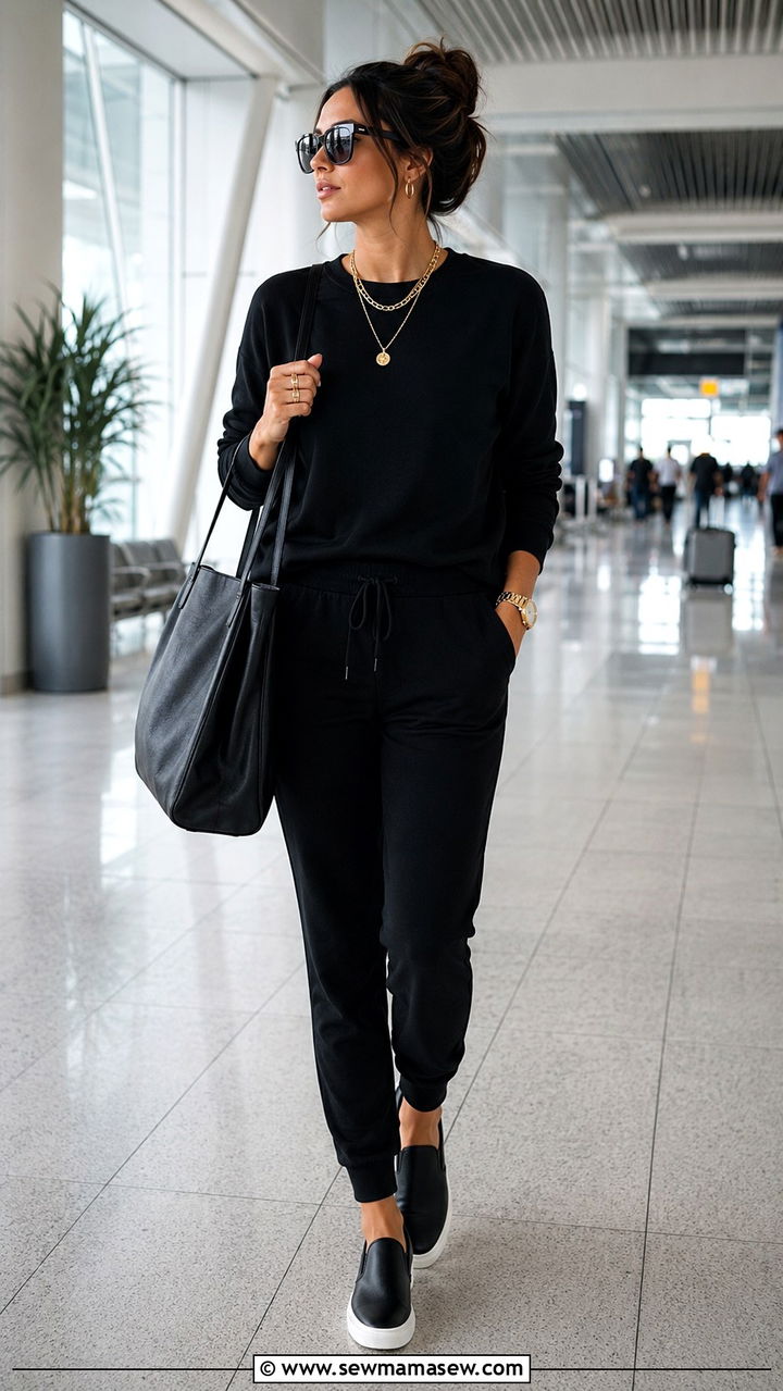 All Black Matching Set With Gold Accessories Airport Outfit - 25 Airport outfit ideas with matching set
