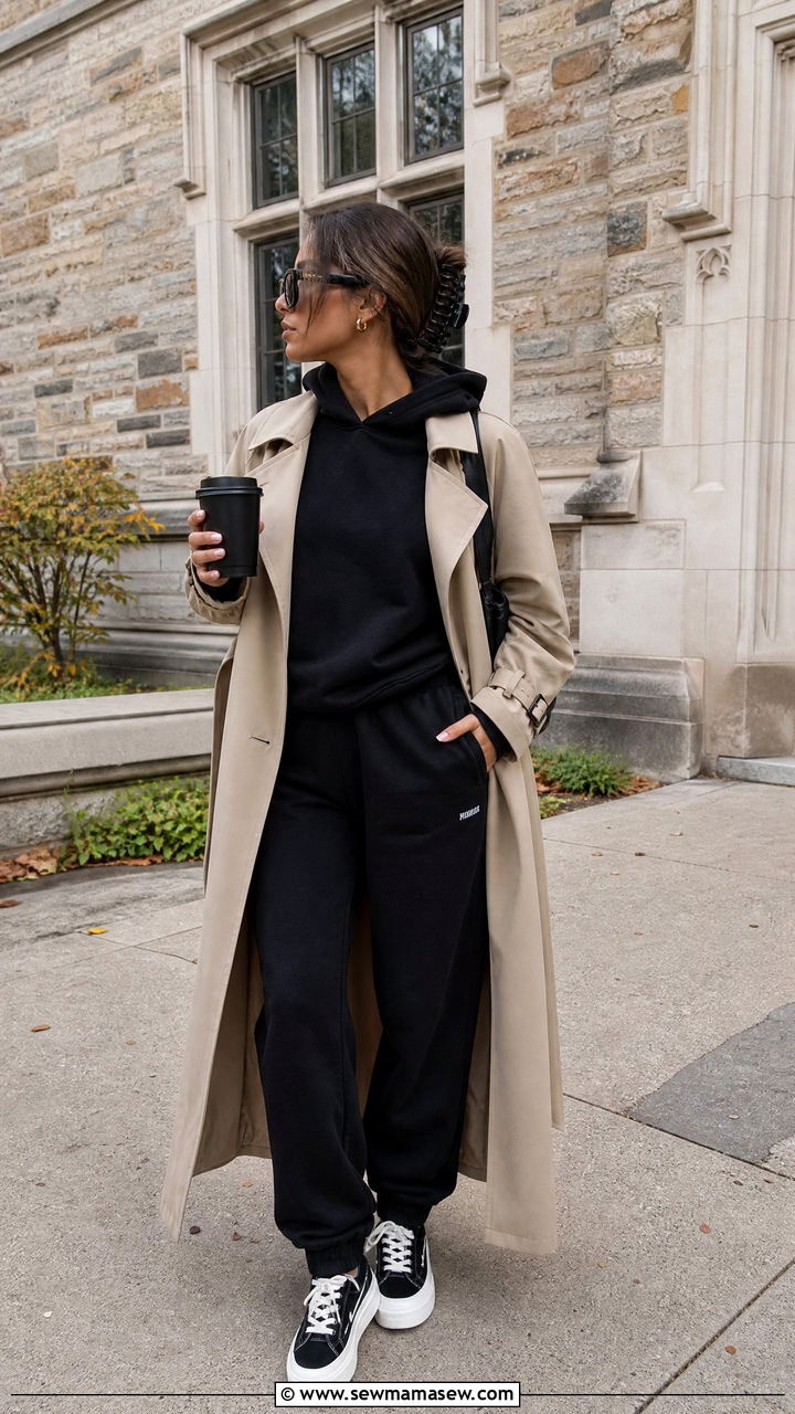 All Black Matching Sweatsuit with Platform Sneakers - 30 First day of college outfit ideas 2026
