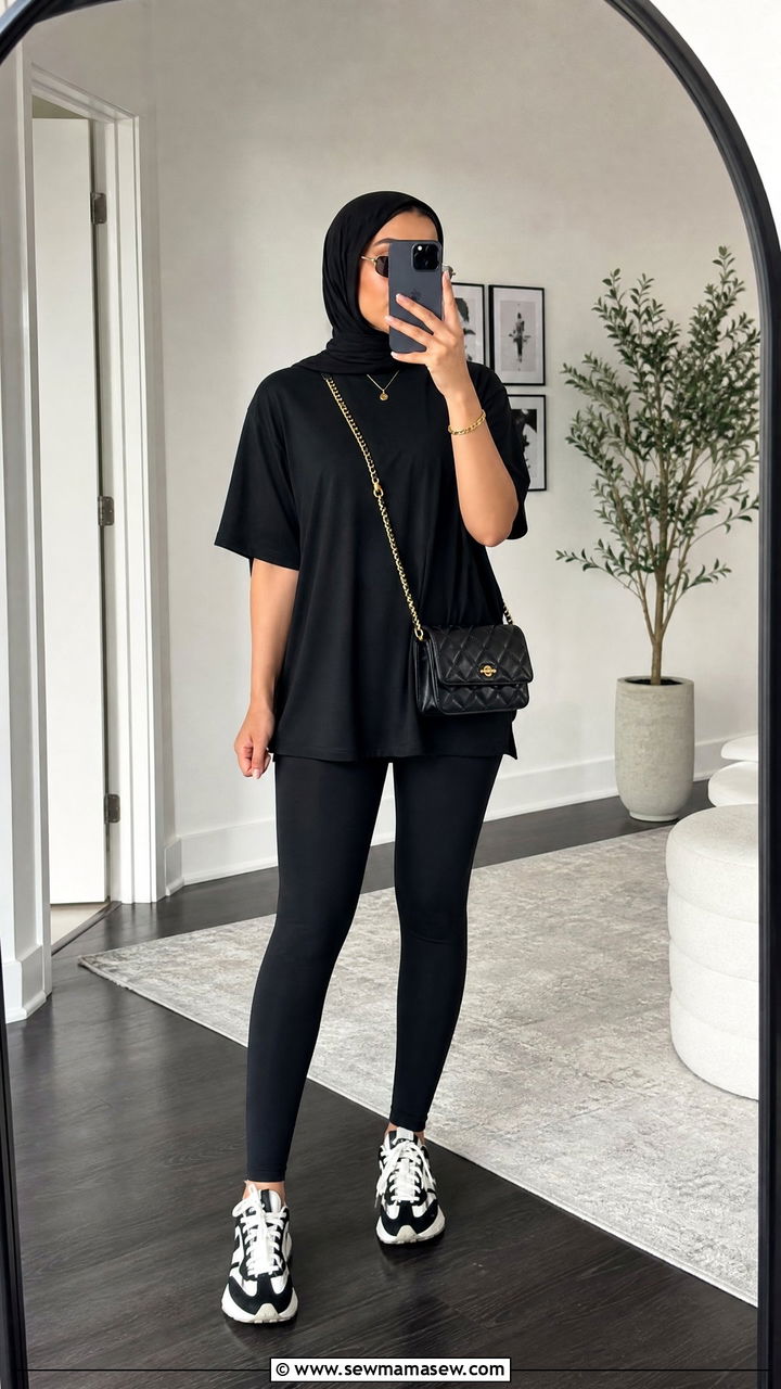 All Black Modest Gym Outfit With Gold Details - 30 Modest workout outfit ideas 2026