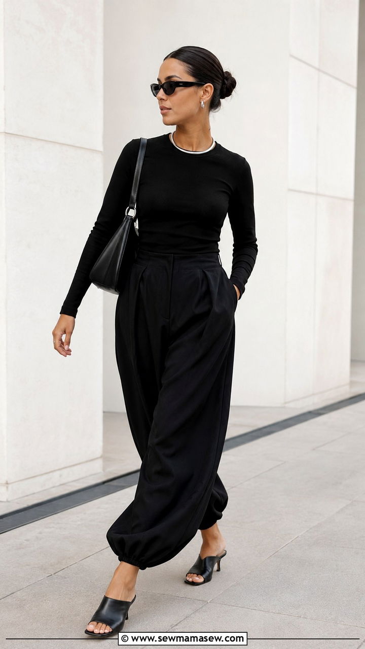 All Black Monochrome Balloon Pants with Heeled Sandals - 20 casual balloon pants outfits