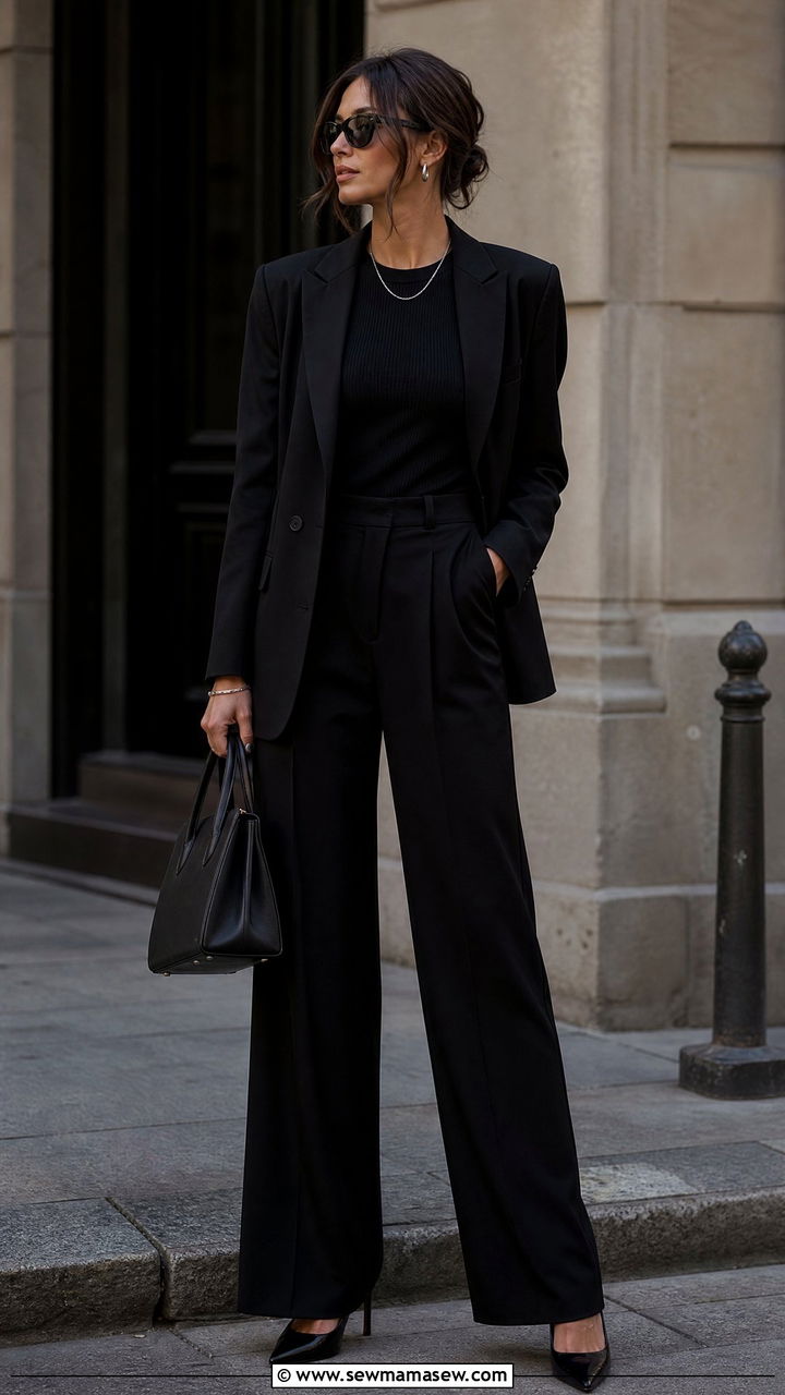 All Black Monochrome Blazer and Wide Leg Trousers - 30 classy aesthetic outfits