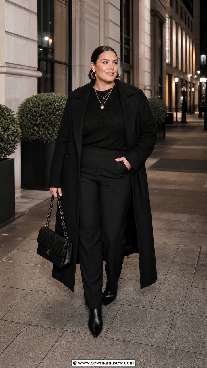All Black Monochrome Ensemble with Gold Jewelry - 30 Clean girl outfits plus size