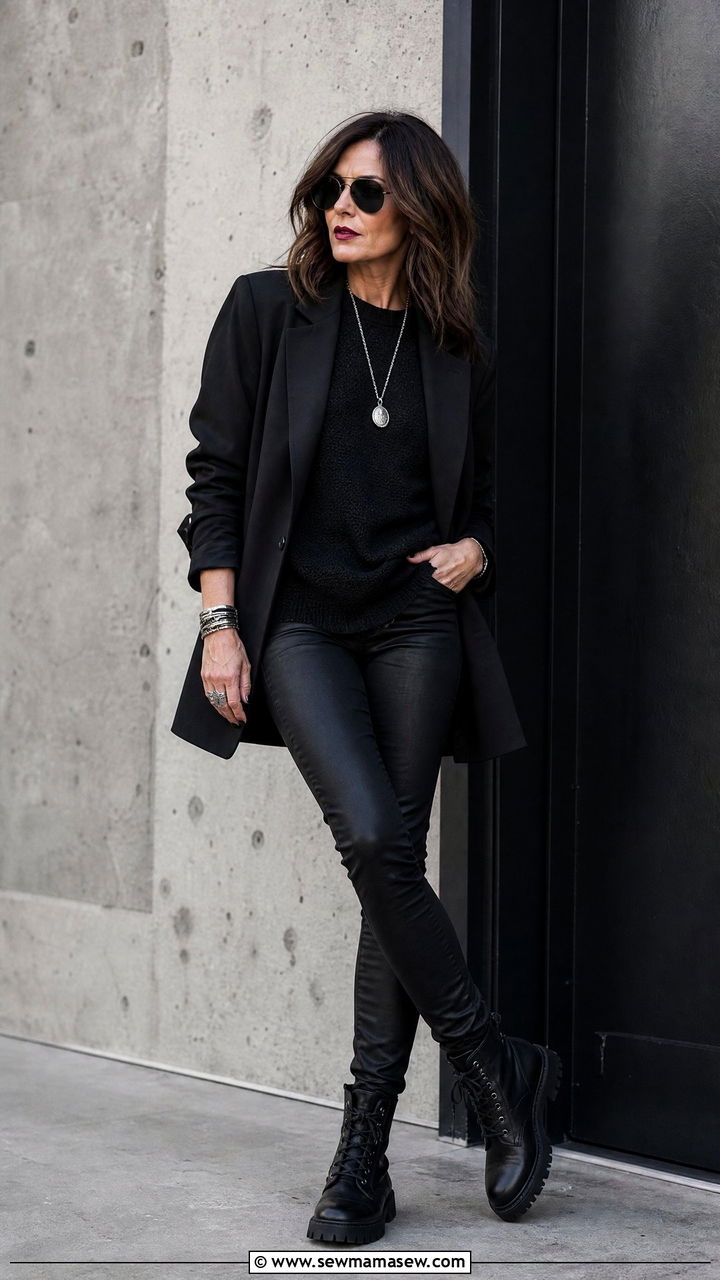 All Black Monochrome Grunge Look with Textured Layers - 25 grunge outfit ideas for women over 40