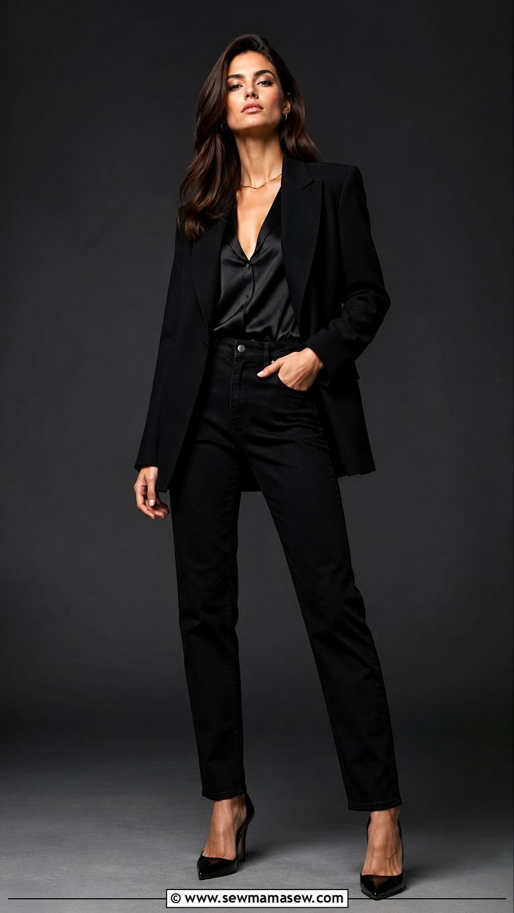 All Black Monochrome Jeans and Heels Outfit - 25 Black jeans outfit ideas with heels