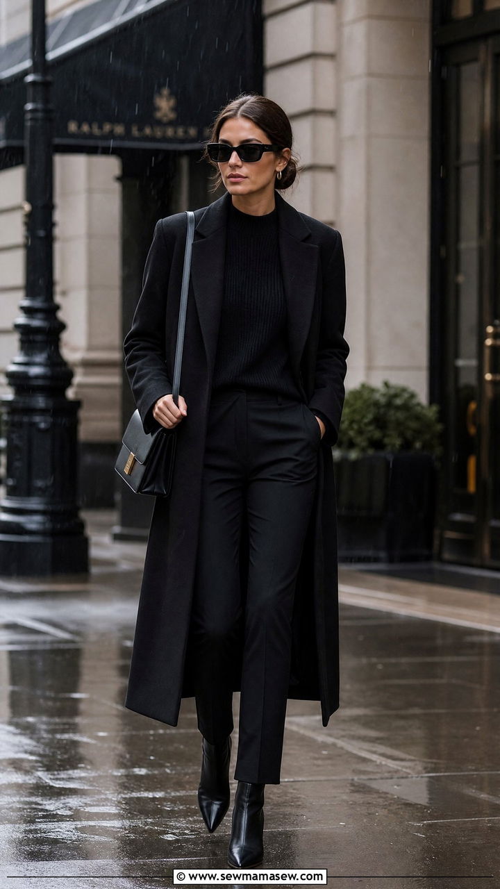All Black Monochrome Look with Long Coat and Ankle Boots - 30 classy rainy day outfits