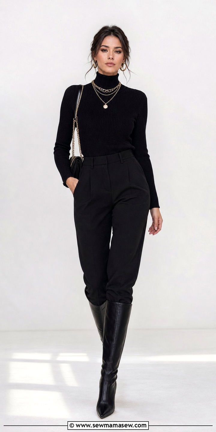 All Black Monochrome Outfit With Gold Jewelry - 25 elegant outfits aesthetic