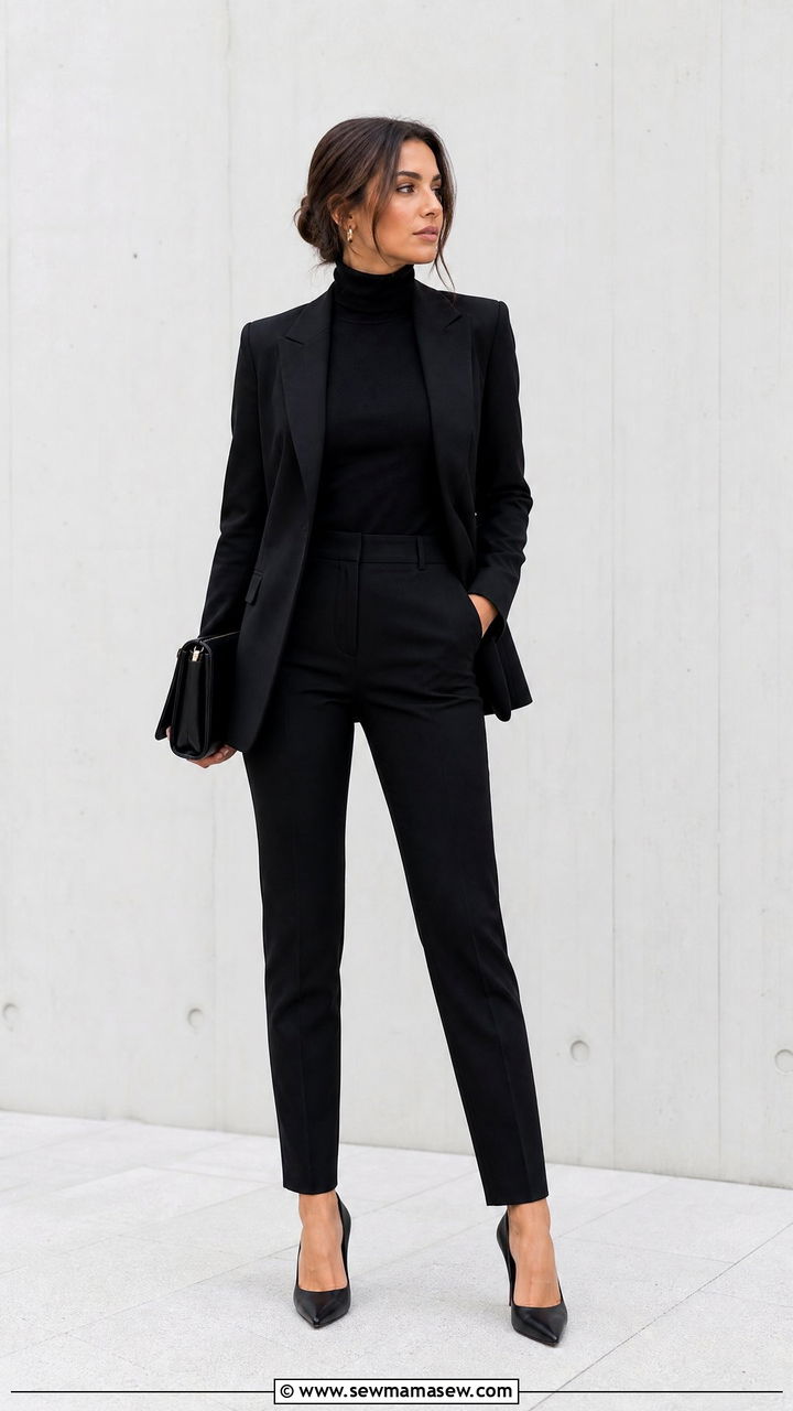 All Black Monochrome Outfit With Pointed Toe Pumps - 25 Outfit ideas to elongate legs