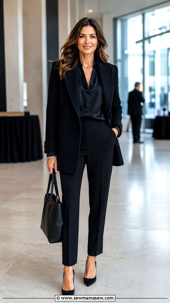 All Black Monochrome Outfit With Textured Layers - 30 Legal conference outfit ideas