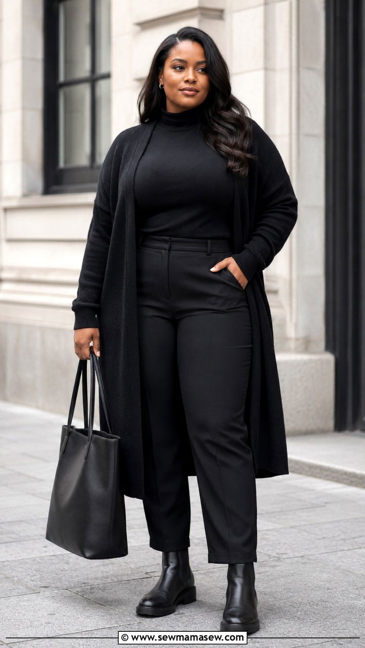 All Black Monochrome Outfit With Textured Layers - 30 Minimalist outfits for curvy women