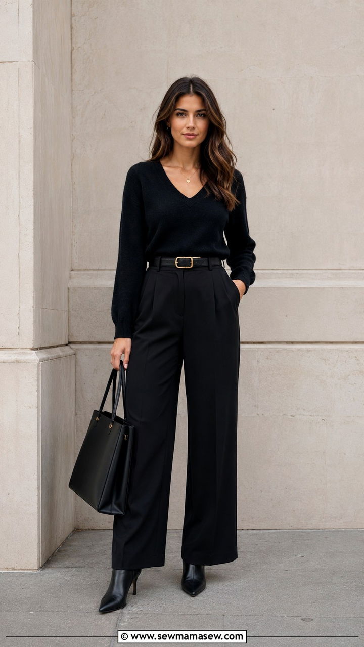 All Black Monochrome Outfit With Wide Leg Pants - 25 Outfits to hide muffin top