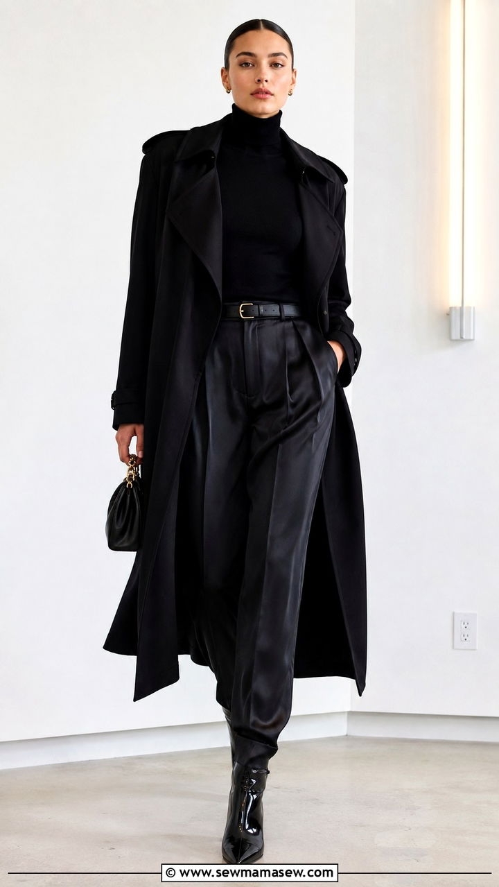 All Black Monochrome Outfit with Black Boots - 25 Black trench coat outfit ideas with boots