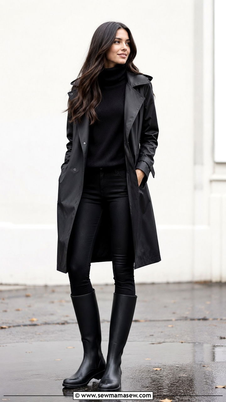 All Black Monochrome Raincoat Outfit With Black Accessories - 25 rainy day outfits Pinterest