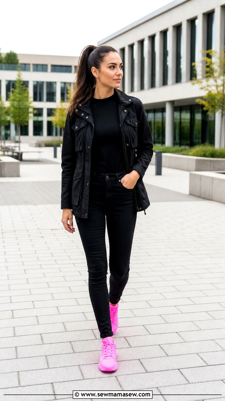 All Black Monochrome With A Pop Of Color Sneakers - 40 back to school outfit ideas