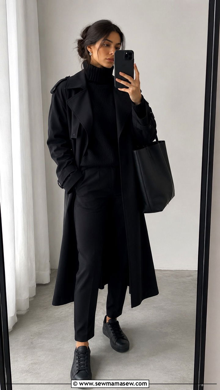 All Black Monochrome With Black Trench Coat And Sneakers - 25 Black trench coat outfit ideas with sneakers