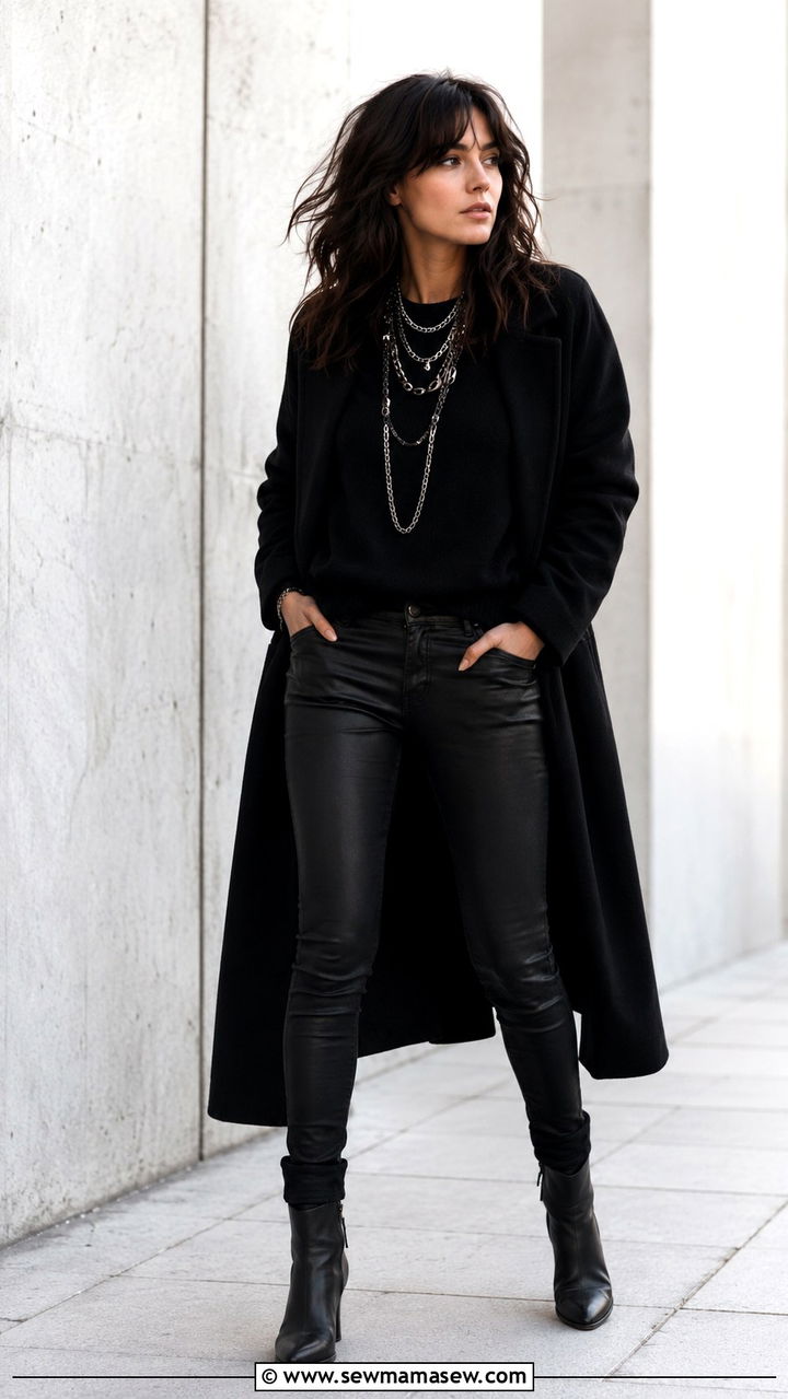 All Black Monochrome With Silver Chains Outfit - 30 Rock and roll outfit ideas