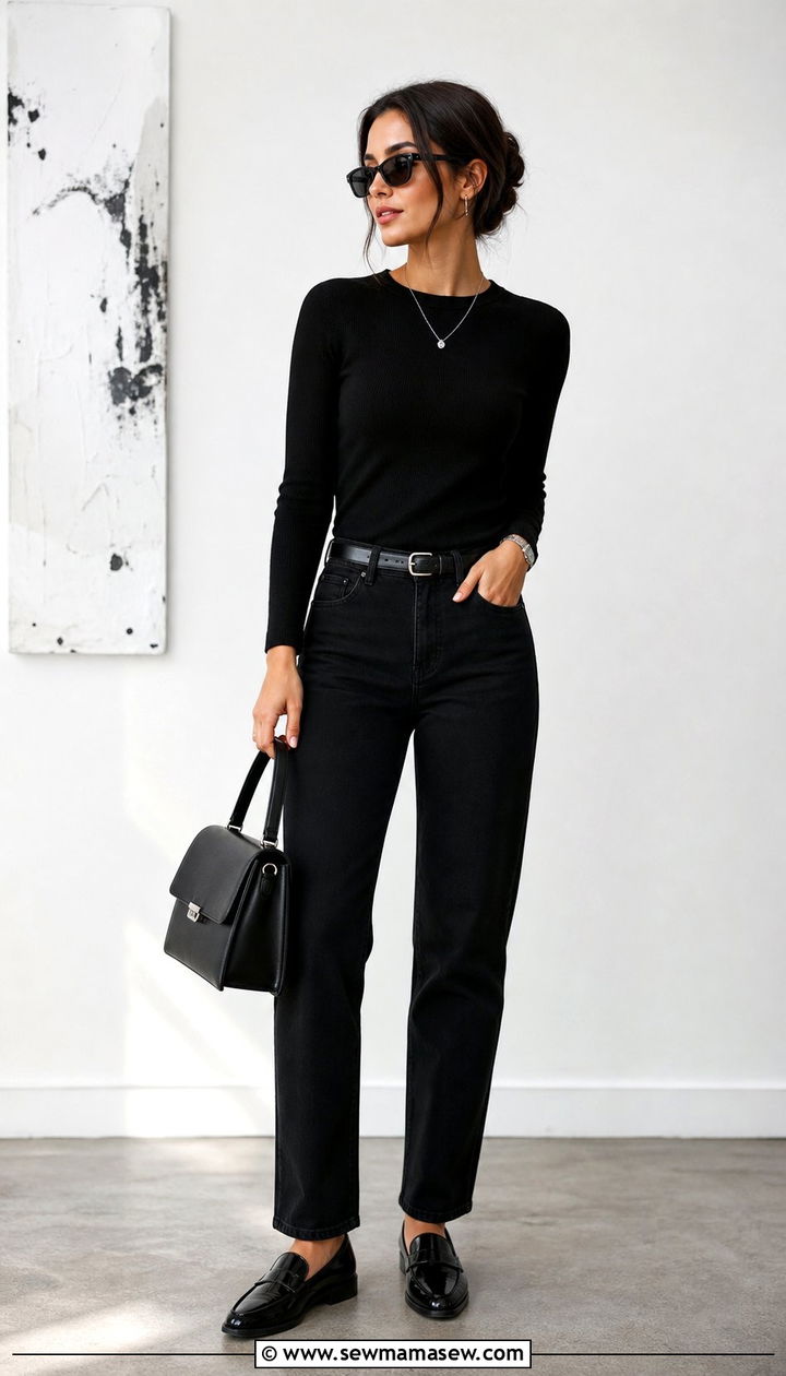 All Black Monochrome With Straight Leg Jeans And Patent Loafers - 25 Straight leg jeans outfit ideas with loafers