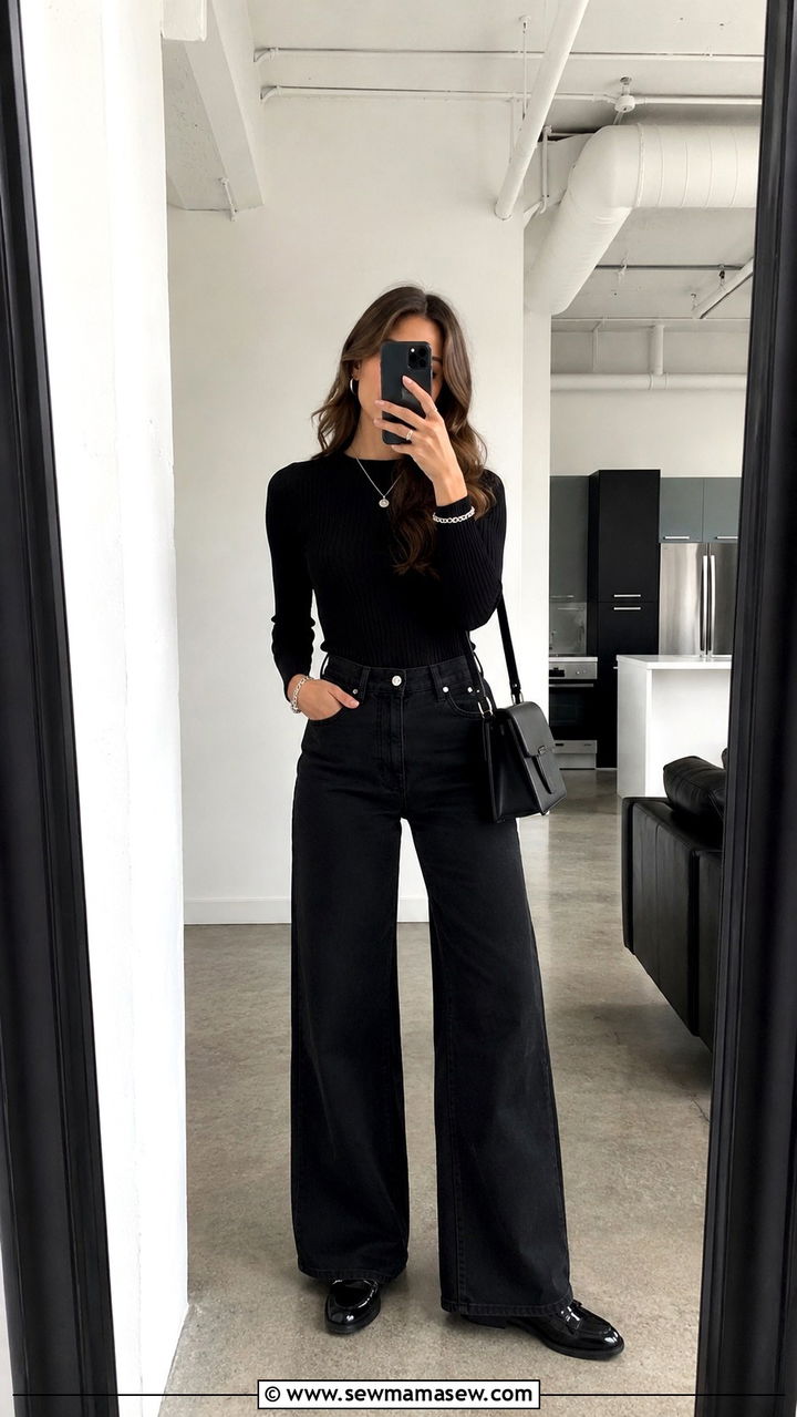 All Black Monochrome With Wide Leg Jeans And Loafers - 25 Wide leg jeans outfit ideas with loafers