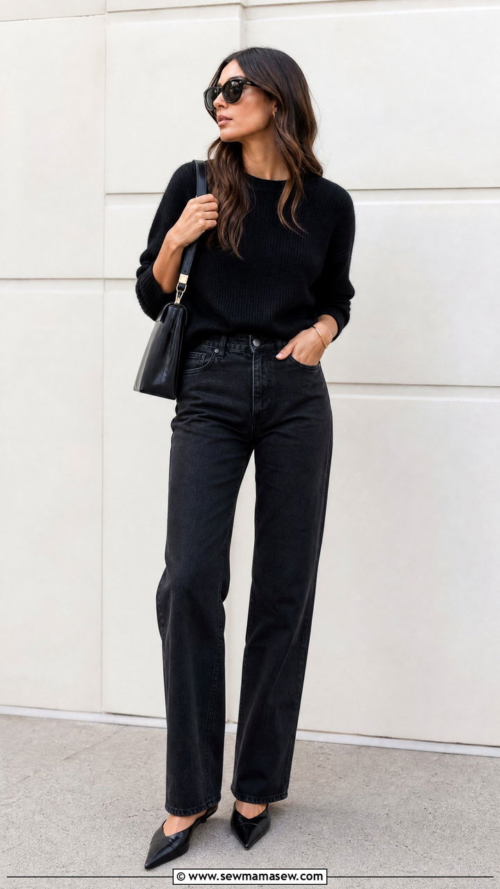 All Black Monochrome with Straight Leg Jeans and Pointed Flats - 25 casual classy outfits