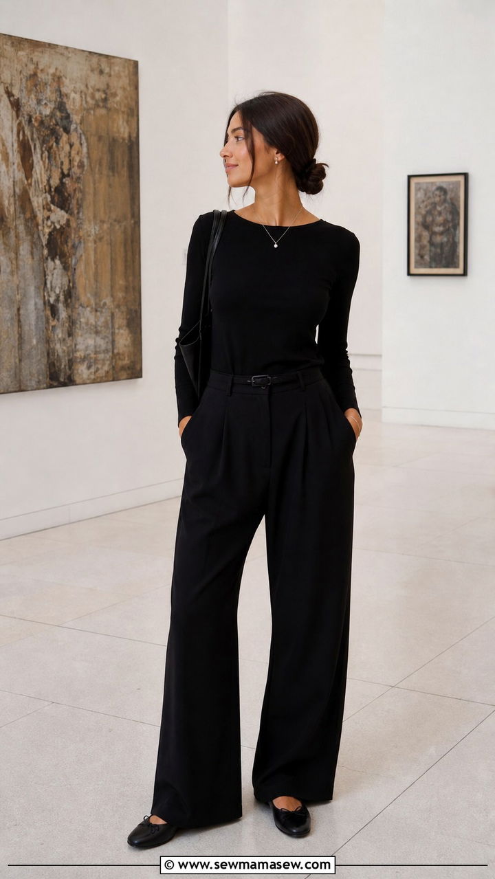 All Black Monochrome with Wide Leg Trousers and Ballet Flats - 40 Europe travel outfits