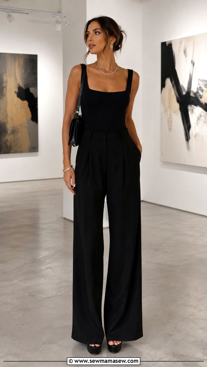 All Black Outfit With Bodysuit And Wide Leg Pants - 30 Monochromatic black outfits