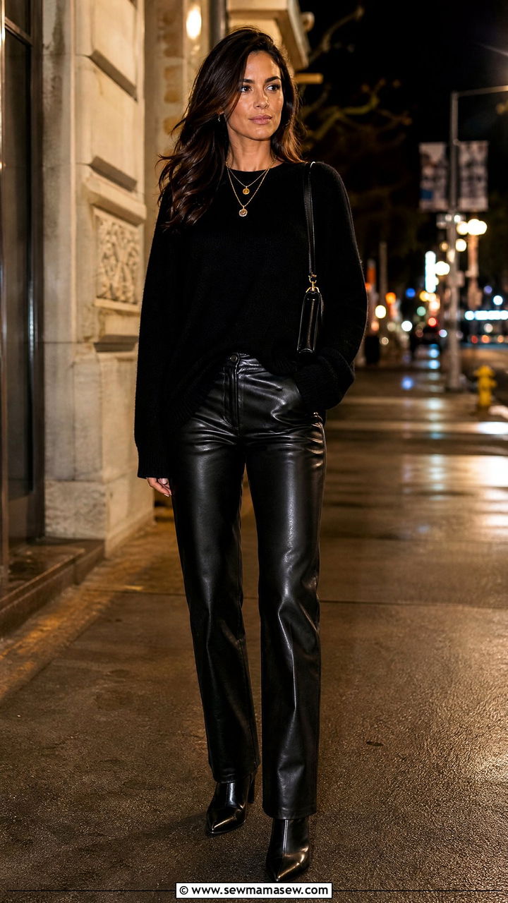 All Black Outfit With Leather Pants and Cashmere Sweater - 40 French girl outfits ideas