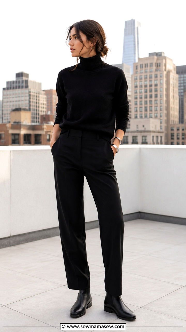 All Black Outfit With Turtleneck And Straight Leg Pants - 30 casual minimalist outfits