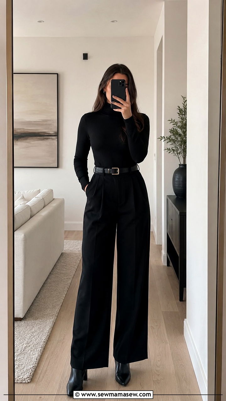 All Black Outfit With Turtleneck And Wide Leg Trousers - 30 Monochromatic black outfits
