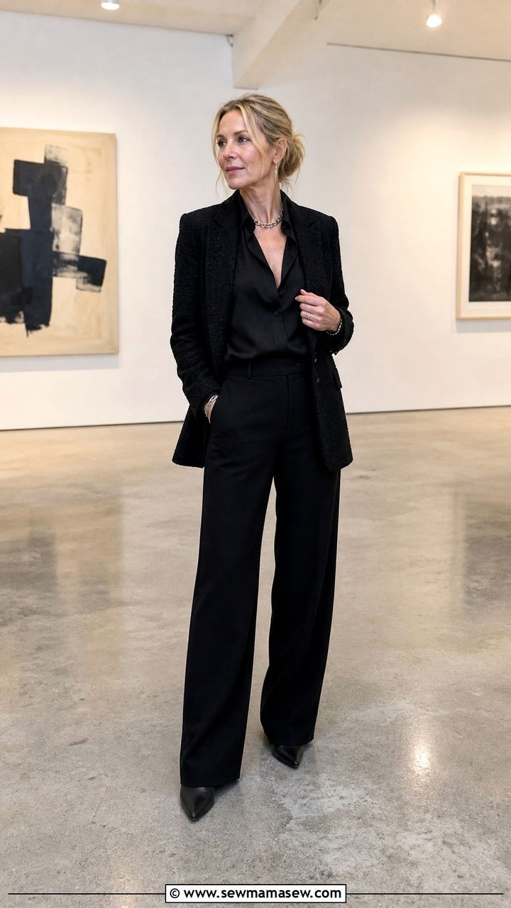 All Black Outfit with Contrasting Textures and Silver Jewelry - 40 Job interview outfit ideas