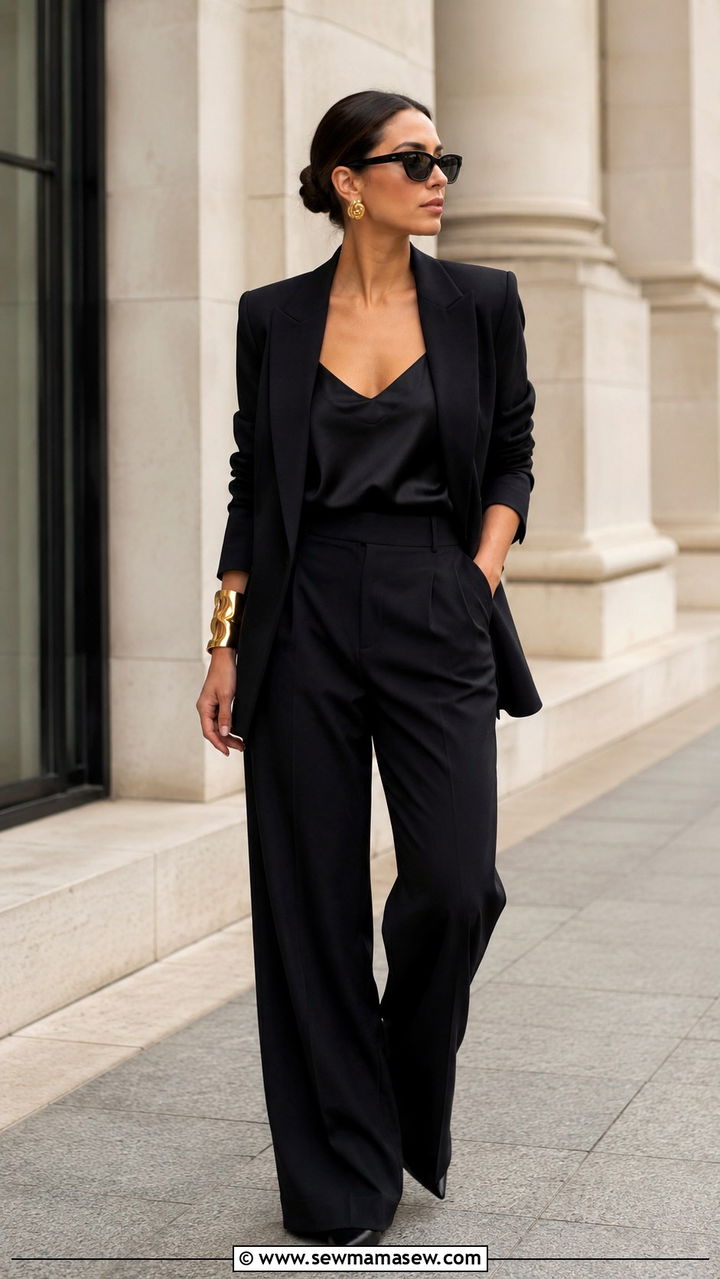 All Black Pantsuit Gold Jewelry Outfit - 30 Gold jewelry outfit ideas